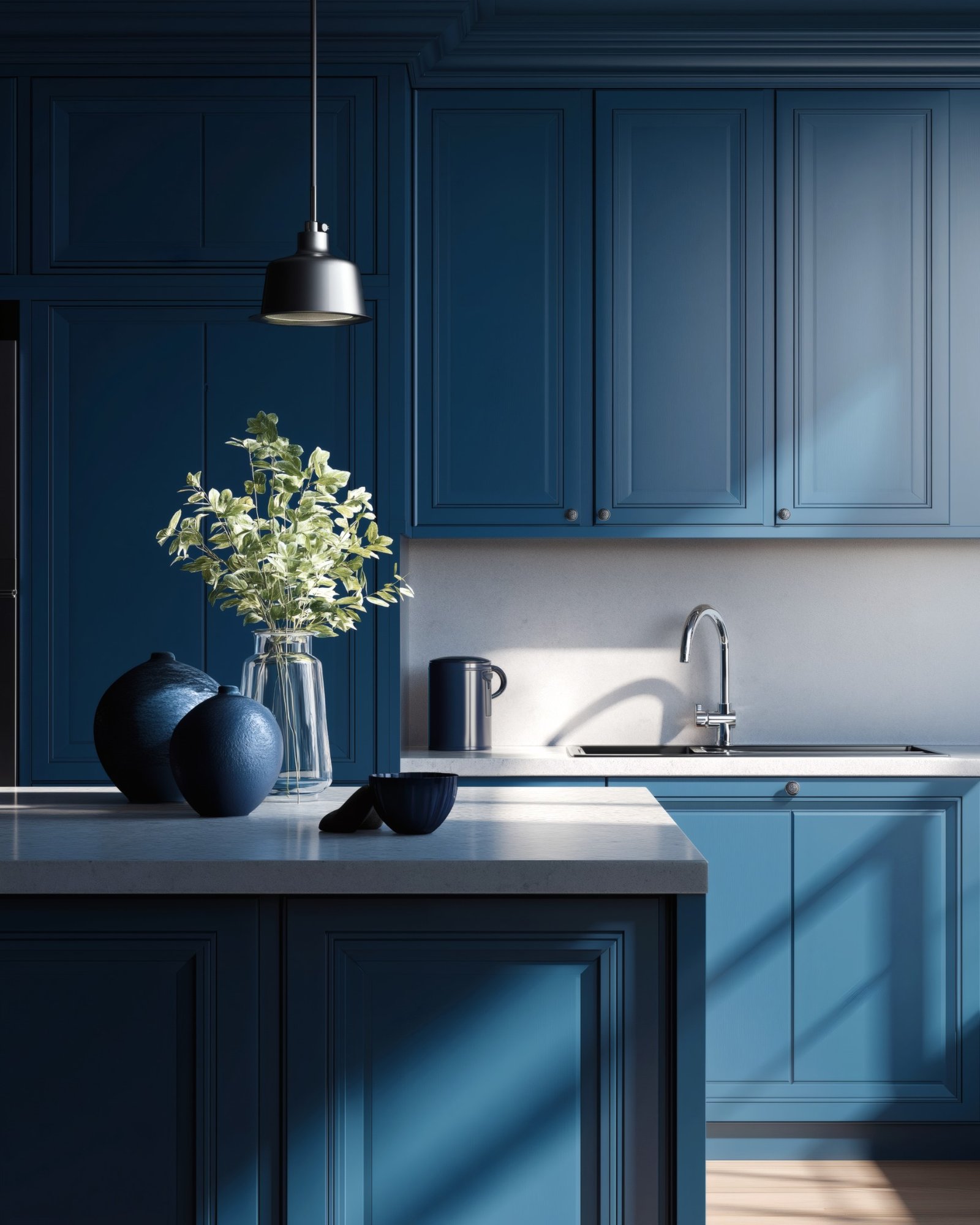 Modern kitchen with professionally finished blue cabinetry